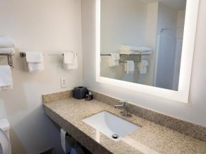 a bathroom with a sink and a mirror and towels at Garner Hotel Pecos by IHG in Pecos +4 photos