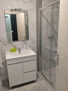 a bathroom with a white sink and a shower at Apartamento Balsa in Viseu +10 photos
