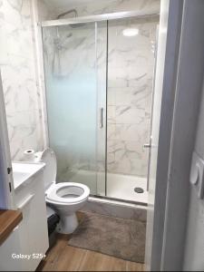 a bathroom with a toilet and a glass shower at Studio - Le Bourgogne 21 in Orléans