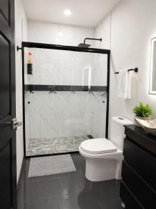 a bathroom with a toilet and a glass shower at TinyHouseMX1 Comodidad y playa que se disfruta in San Patricio Melaque