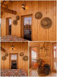 two pictures of a wooden room with a bed and windows at chemtan cottages in Dushetʼi