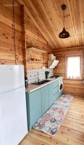 a kitchen with a white refrigerator and a stove at chemtan cottages in Dushetʼi