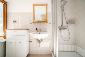 a bathroom with a sink and a shower at Waterkieker Jabel - Ferienhaus mit Sauna & Steg in Jabel +16 photos