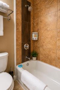 a bathroom with a tub and a toilet at Spacious Frontier Park Apartment in Erie +20 photos