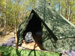 a green tent with a chair inside of it at Green woodland bell tent in Ynys Station