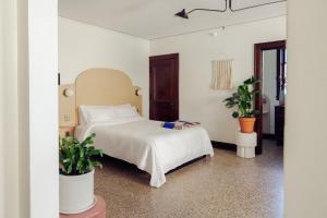 a bedroom with a bed and two potted plants at The Wilson in Madison