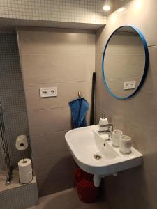 a bathroom with a sink and a mirror at Matróz Lak Apartman in Alsóörs