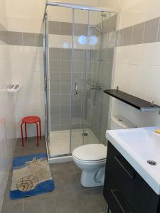 a bathroom with a shower and a toilet and a sink at hirondelle 1 in Noirmoutier-en-l'lle