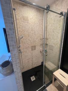 a shower with a glass door in a bathroom at 15 min from Lyon Fresh Peaceful Room with Pool and Garden in Dardilly +8 photos