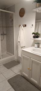 a white bathroom with a shower and a sink at Verrecheznous-lepuy in Le Puy-Notre-Dame