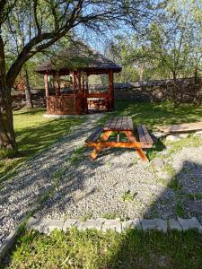 a picnic table and a gazebo in a park at Cabana Ocna Mesaros in Ocna Şugatag