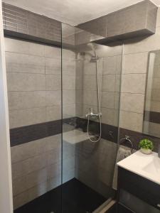 a shower with a glass door next to a sink at MINI PICONEIRO II in Pravia +18 photos