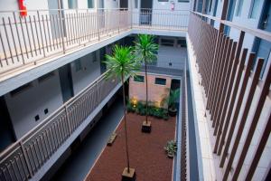 an overhead view of a building with palm trees in a courtyard at Hotel Universitario in Itapetininga