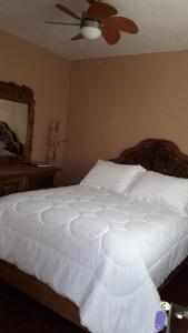 a bedroom with a white bed with a ceiling fan at Posada Las Reynas in Mineral de Pozos