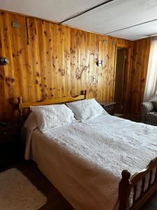 a bedroom with a bed with a wooden wall at Hospedaje Lala in Villarrica +11 photos