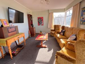 a living room with a couch and a tv at Club Retro in Hawera