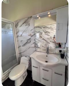 a bathroom with a white toilet and a sink at Ondinas Weekend Spot in La Ceiba