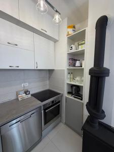 a kitchen with a black stove in a kitchen at Apartman VIA in Žabljak