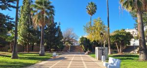 a walkway in a park with palm trees at Adosado en Casco Antiguo con piscina in Altea