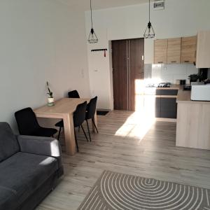 a living room with a couch and a table and a kitchen at Noclegi Piastów 25 in Nowa Ruda
