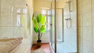 a bathroom with a shower and a tub and a plant at FewoZauber "Pension am Dom", Historische Apartments, Superzentral, 7min zum Schloss in Schwerin +116 photos
