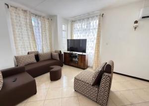 a living room with a couch and chairs and a tv at Muikora Albion in Albion