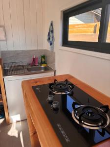 a kitchen with a stove top oven in a kitchen at La Ola Tiny House in Maitencillo