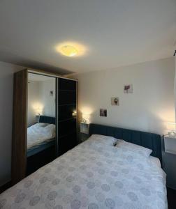 a bedroom with a bed and a large mirror at Apartment Zlatko in Matulji