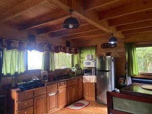 a kitchen with wooden cabinets and a stainless steel refrigerator at Cabaña Facovi in Empalme