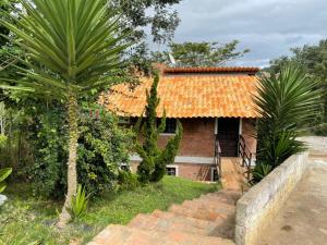 a house with an orange roof and a palm tree at Casa no centro de Serra Negra in Bezerros
