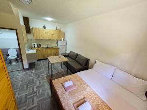 a bedroom with a bed and a couch and a kitchen at Arditi's Villa in Shkodër