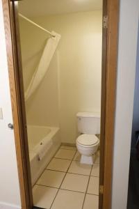 a small bathroom with a toilet and a bath tub at FairBridge Inn Express Chesterton in Chesterton