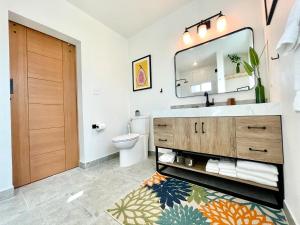 a bathroom with a sink and a mirror and a toilet at Clearview Villas Upper in Island Harbour +23 photos