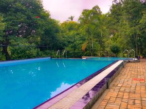 a swimming pool with blue water and trees in the background at Red letter hotel in Kandy