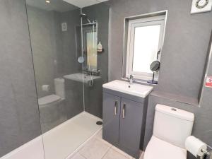 a bathroom with a shower and a toilet and a sink at Gamekeepers Cottage in Chillingham +32 photos