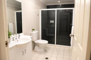 a bathroom with a toilet and a sink and a shower at Southern Cross Motor Inn in Narrabri
