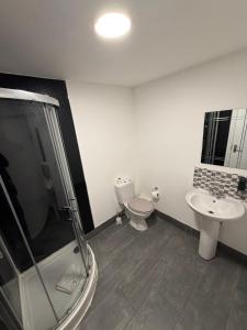 a bathroom with a shower and a toilet and a sink at TBH Hotel in Barking