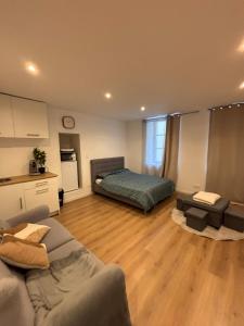 a living room with a couch and a bed at studio gray centre parking WiFi confort in Gray