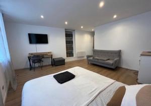 a bedroom with a bed and a couch and a television at studio gray centre parking WiFi confort in Gray
