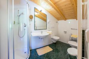 ein Bad mit einem Waschbecken, einer Dusche und einem WC in der Unterkunft Residence Weisskugel Langtaufers Südtirol in Melag