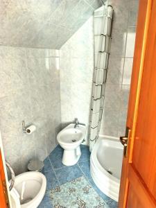 a bathroom with a toilet and a sink and a tub at Akácpatak Vendégház in Lupeni