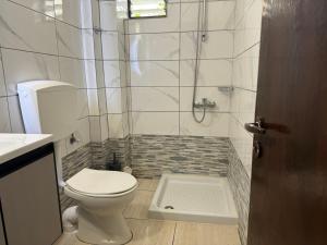 a small bathroom with a toilet and a shower at Sofia Rooms in Palaiochora +57 photos