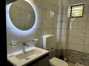 a bathroom with a sink and a mirror and a toilet at Sofia Rooms in Palaiochora