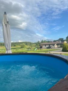 ein großer Pool mit Sonnenschirm und ein leerer Pool in der Unterkunft Vila Trakai in Trakai