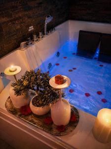a bath tub filled with a pool of water with flowers at Love Room balnéo double & sauna Privés - Nuit d'exception in Briord