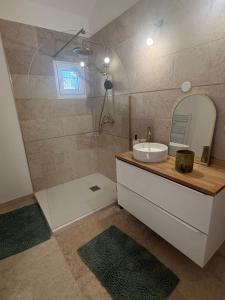 a bathroom with a sink and a shower with a mirror at La maison de Petit Pierre in Vauvert