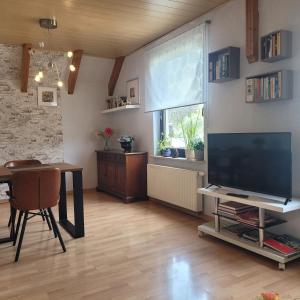 a living room with a table and a large screen television at Logis Am Park in Dessau