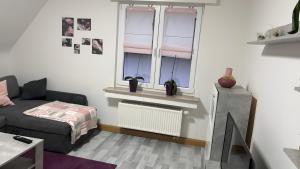 a living room with a bed and a window at Ferienwohnung auf dem Traumpfad in Ettringen +2 photos