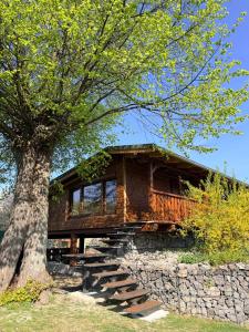 a log cabin with stairs next to a tree at Penzión u Coľa in Prievidza