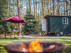 a picnic table with an umbrella next to a trailer at Honeysuckle Hut-Qu7066 in Melton Constable